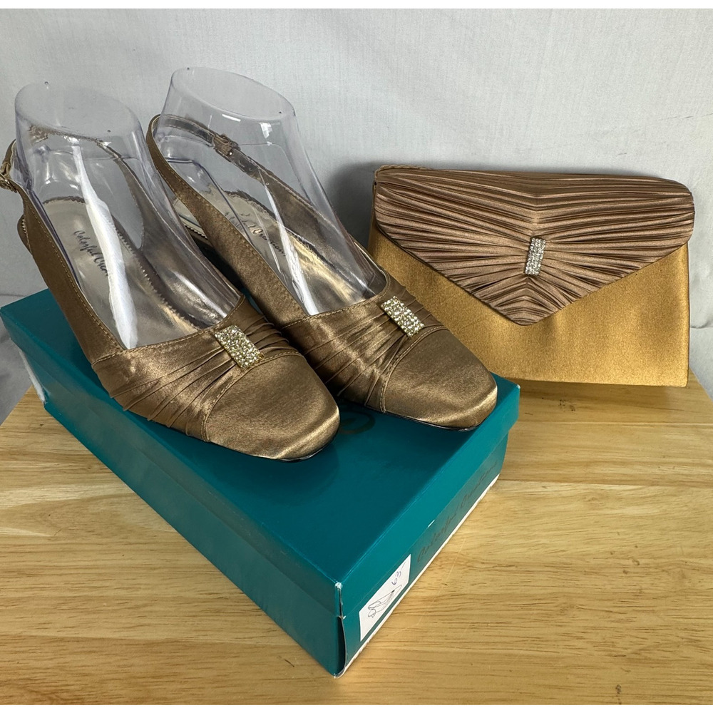 Vintage Colorful Creations Gold Satin Rhinestone Slingback w/ Handbag, Size 7.5D